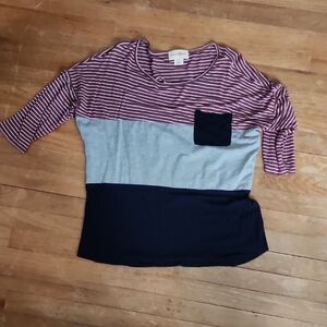 Wishful Park Maroon and White And Navy Striped Top Large with Pocket